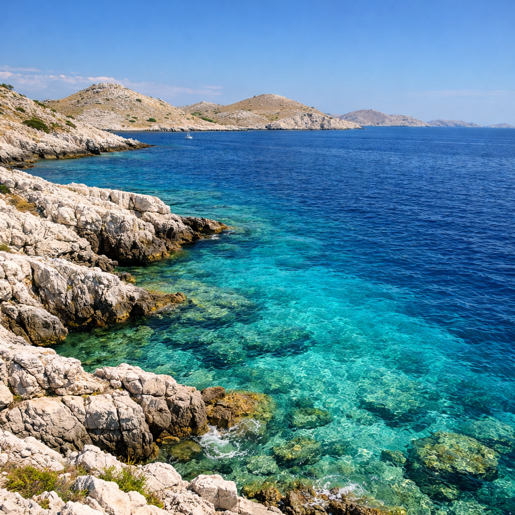 Rocky coast with clear turquoise sea and distant hills under blue sky