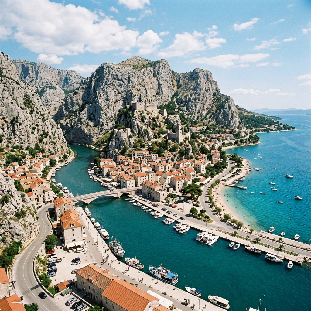 A coastal town with red-roofed buildings, a stone bridge, boats docked in a river inlet, and a historic fortress on rocky hills