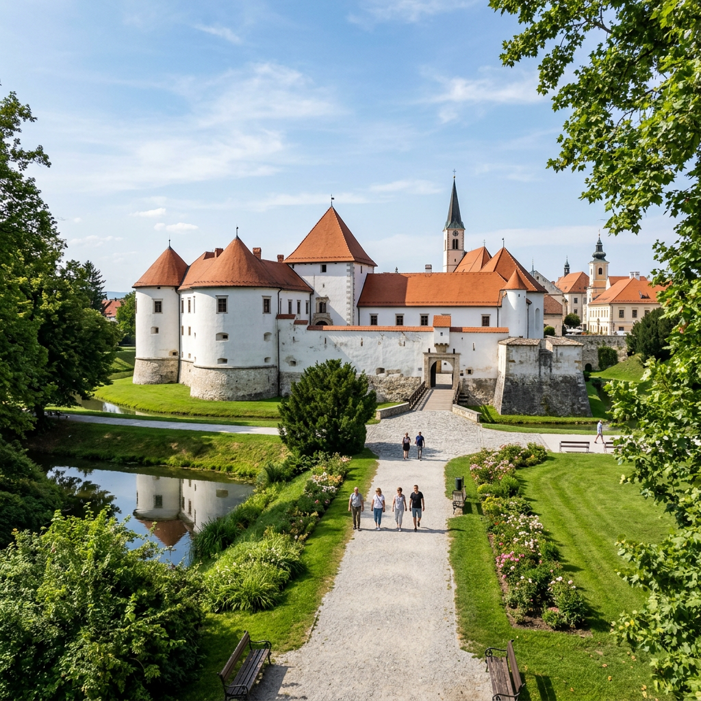 Historic white castle with red roofs, gardens, moat, and visitors