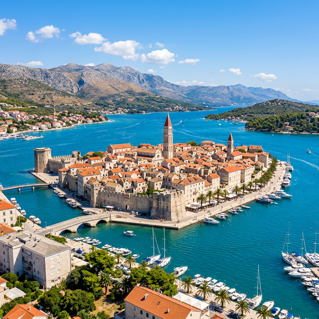 Medieval walled town on a blue Adriatic bay beneath rugged mountains