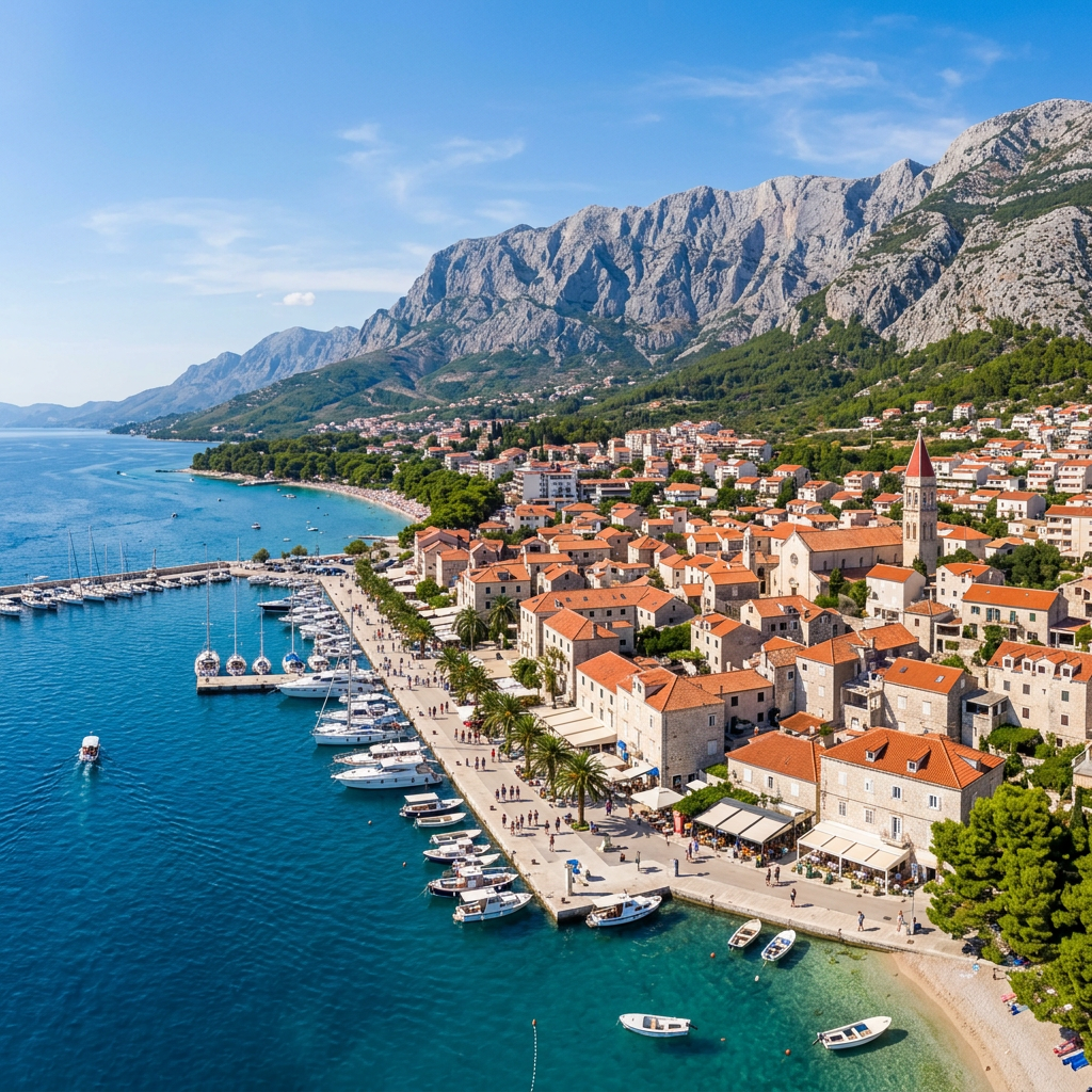 Adriatic coastal town with red roofs, marina, church, and limestone mountains