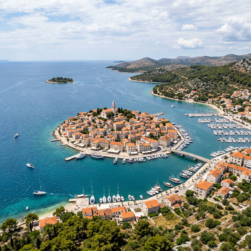 Aerial view of a red-roofed coastal village, marina, and turquoise sea