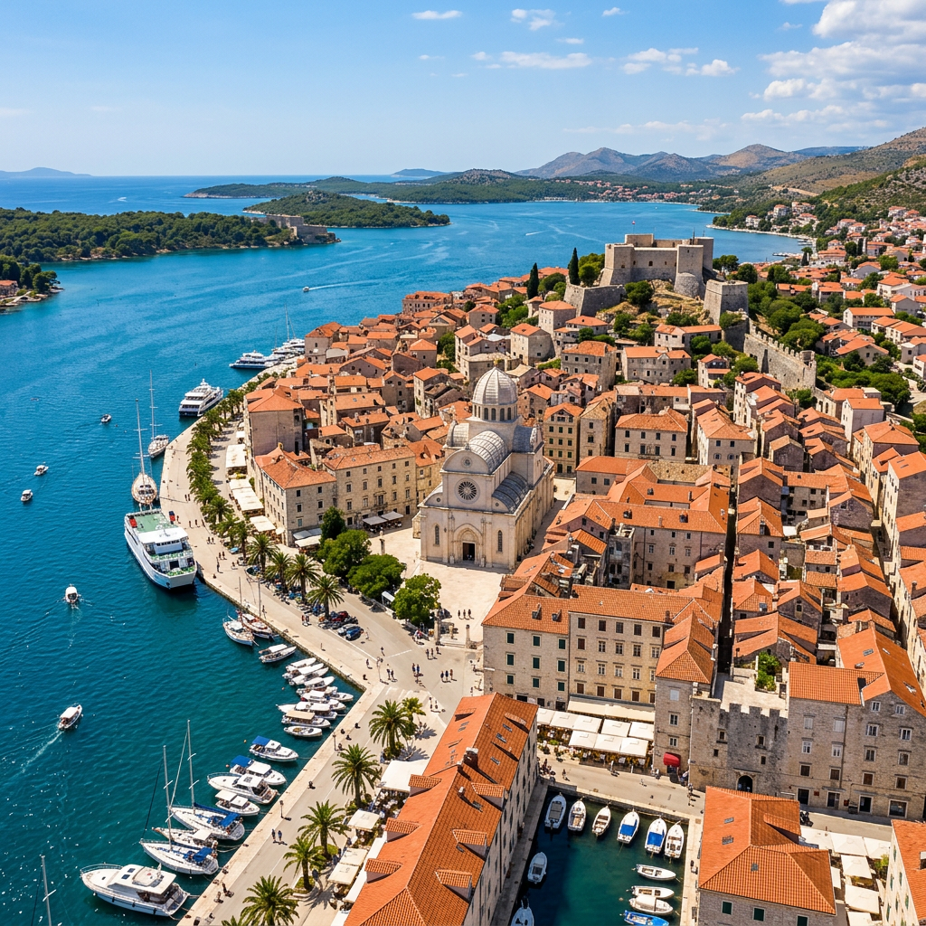 Aerial view of a historic coastal city with red roofs, harbor, and fortress