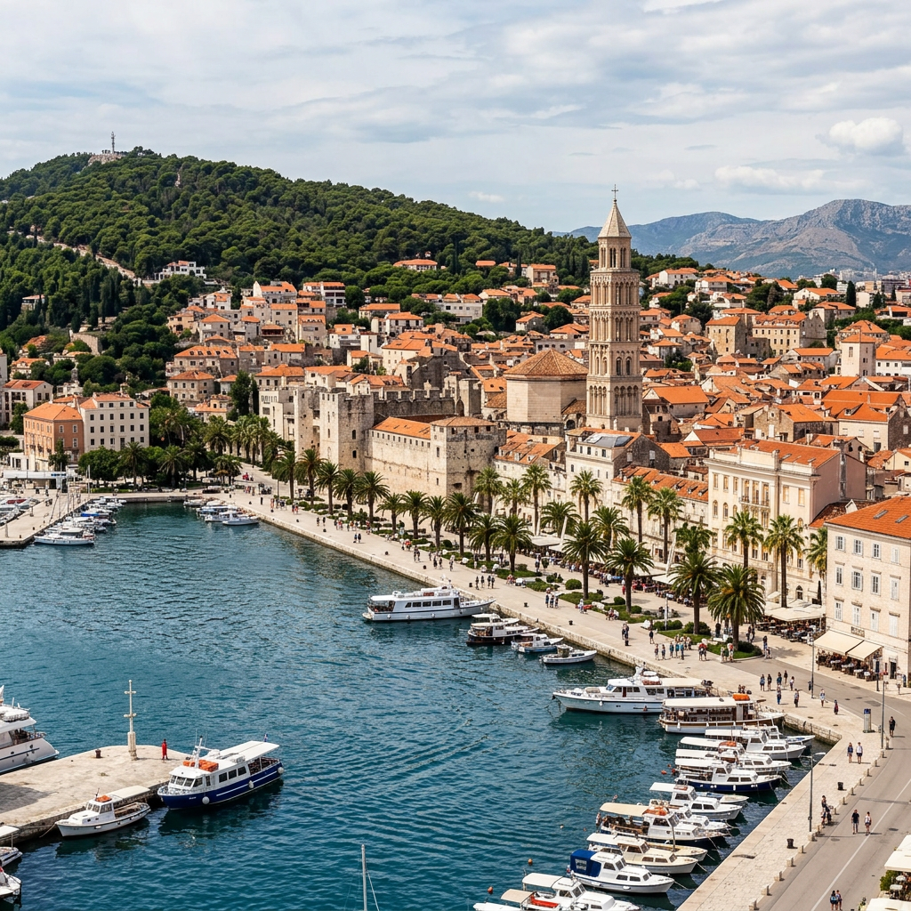 Historic coastal city with harbor, palm-lined promenade, and church bell tower