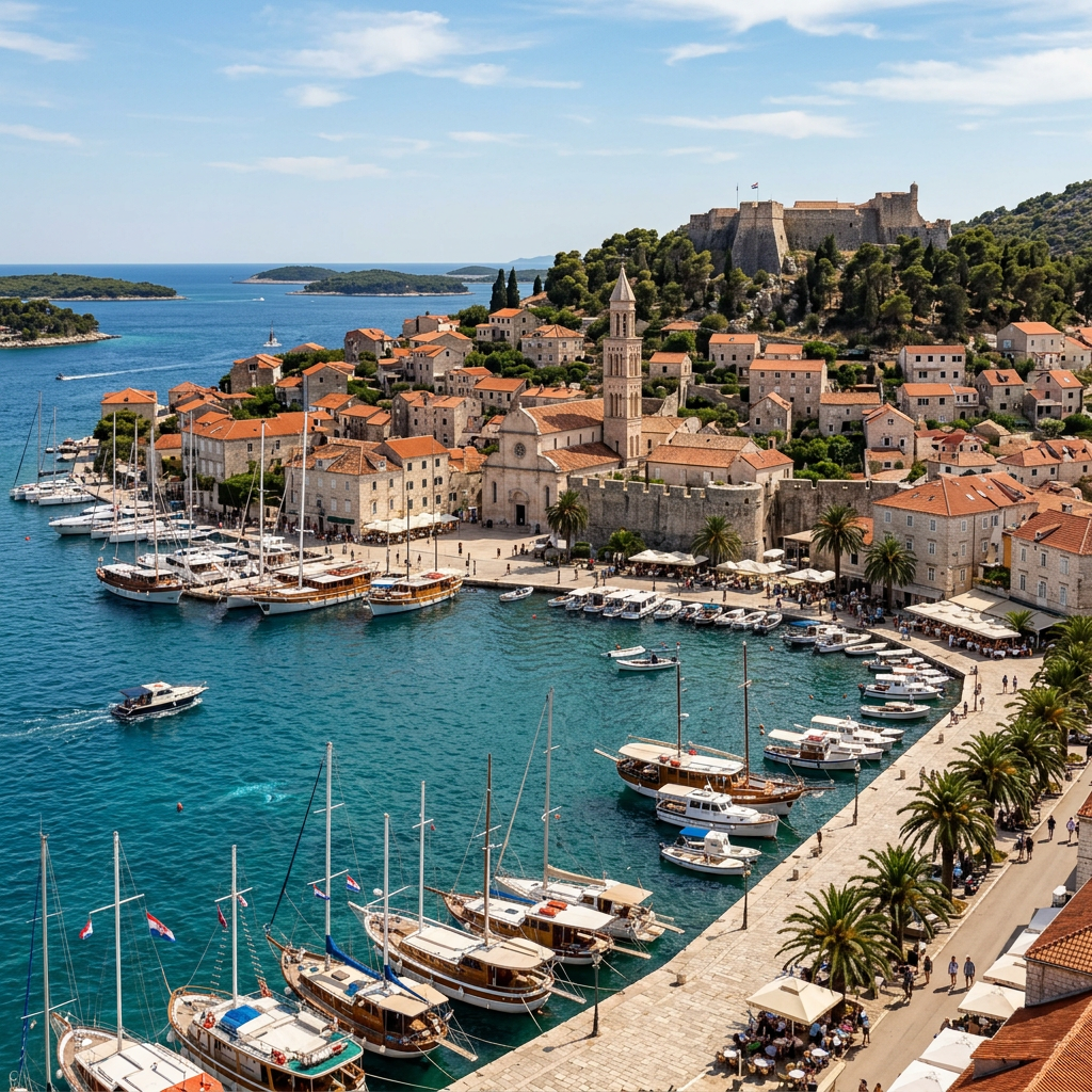 Medieval coastal town with boats, red roofs, church tower, and hilltop fortress