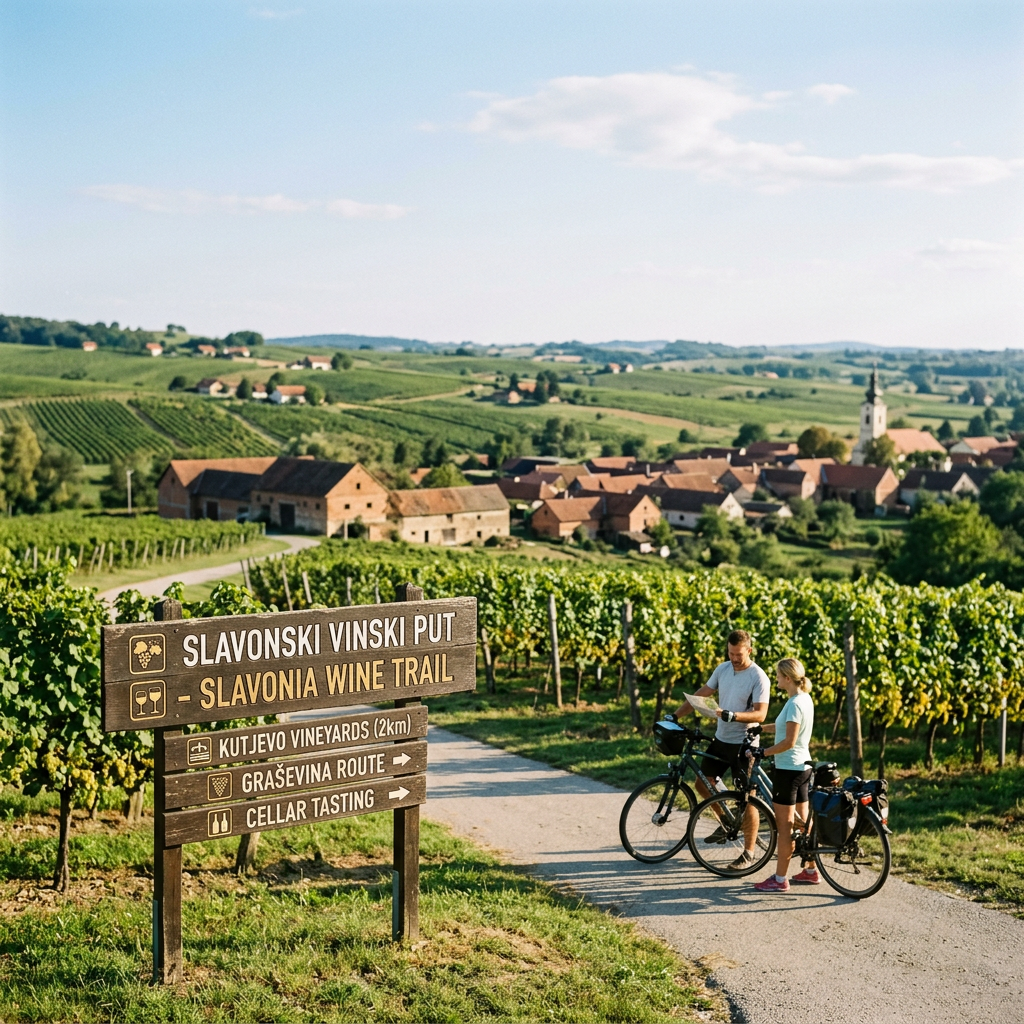 Slavonski Vinski Put – Slavonia Wine Trail; Kutjevo Vineyards (2km); Graševina Route; Cellar Tasting, with two cyclists beside vineyards and a village church.