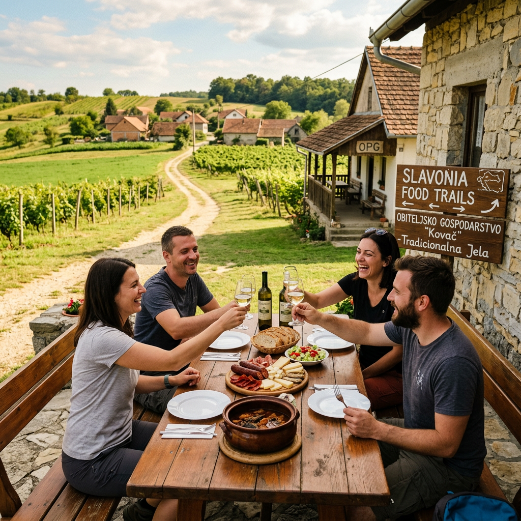 Four friends dining beside a sign reading “SLAVONIA FOOD TRAILS” and “OBITELJSKO GOSPODARSTVO ‘Kovač’ – Tradicionalna Jela.”