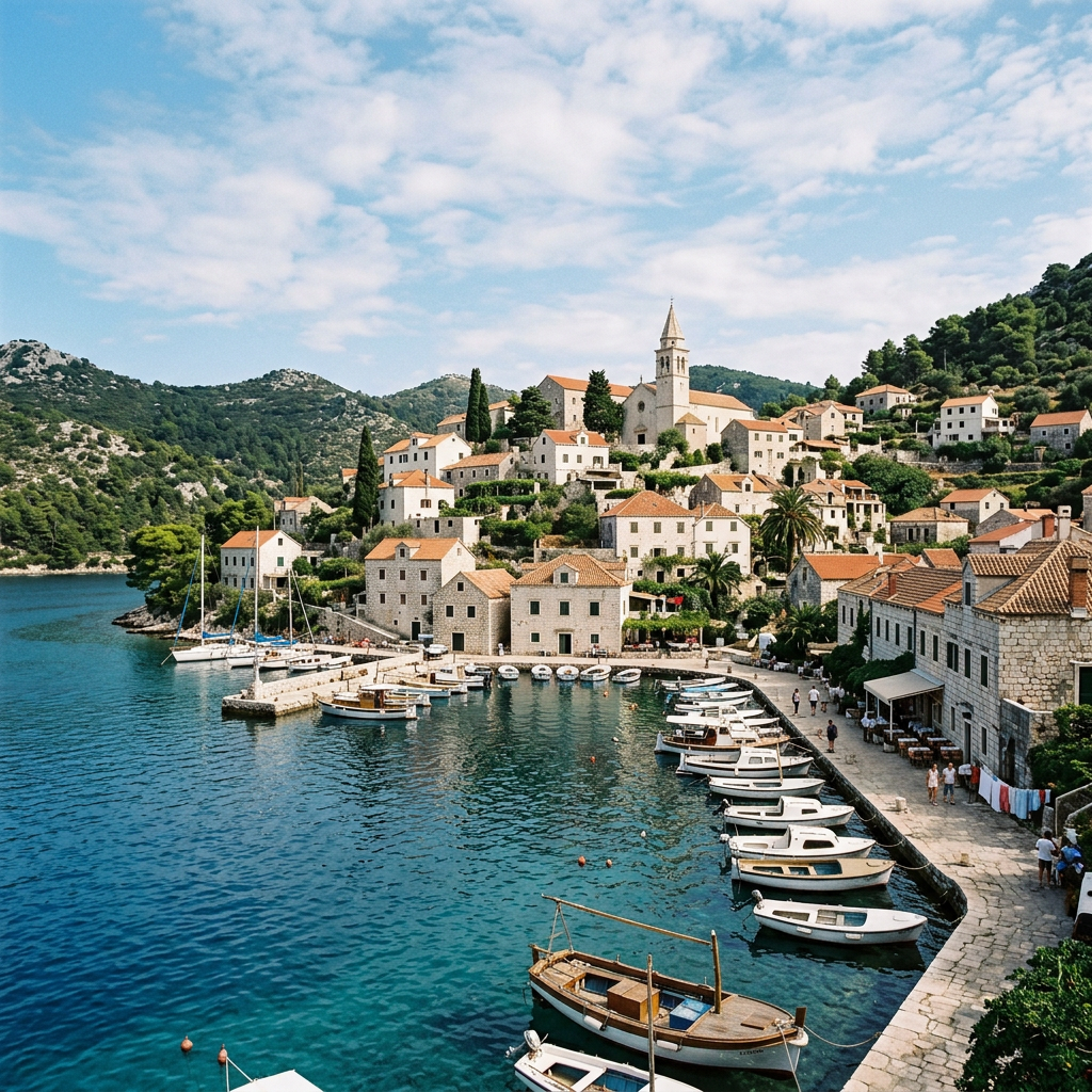Stone coastal village with boats, harbor, church, and forested hills
