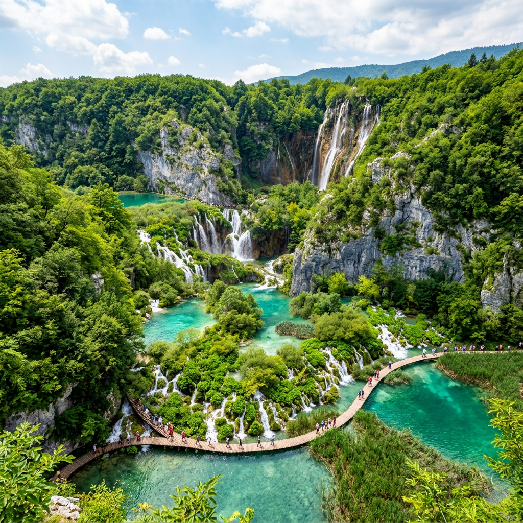 Turquoise lakes and waterfalls among forested cliffs with a winding boardwalk