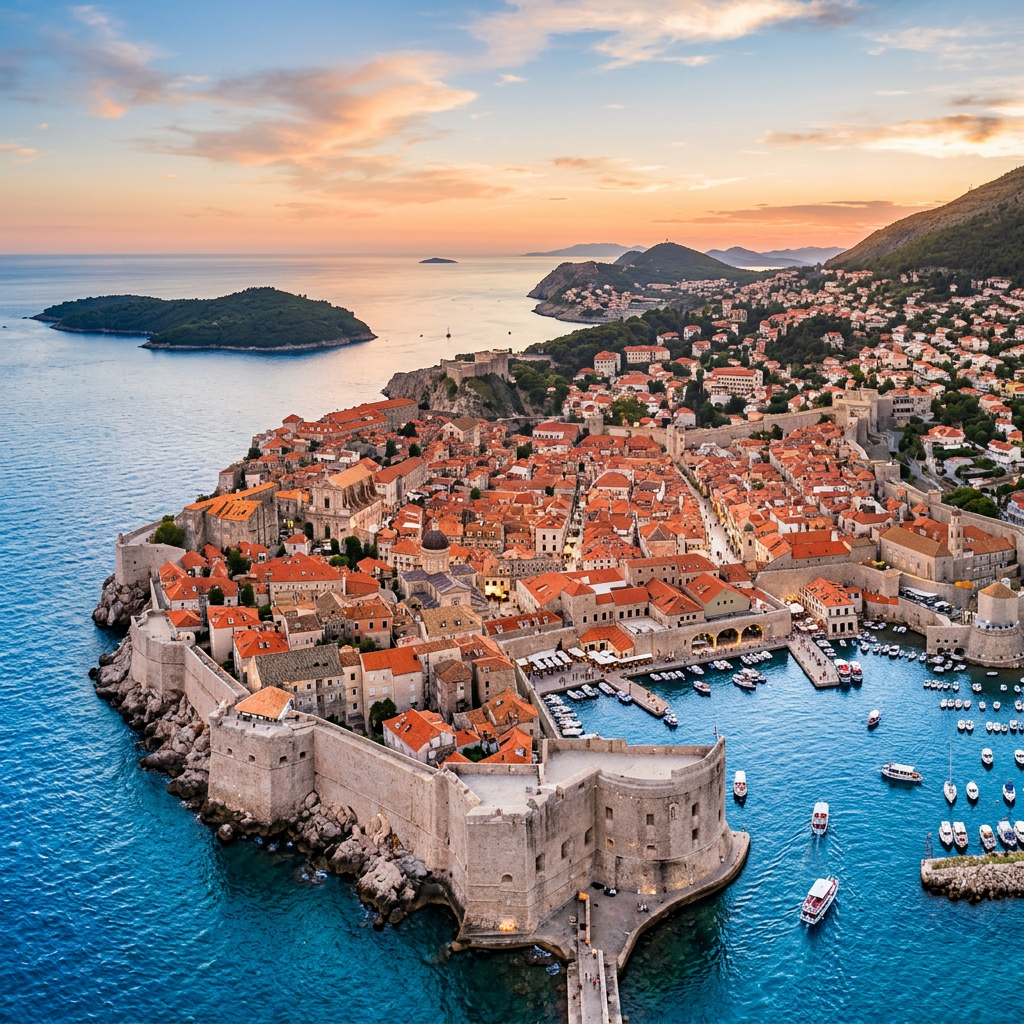 Aerial view of Dubrovnik’s walled old town, harbor, islands, and Adriatic Sea